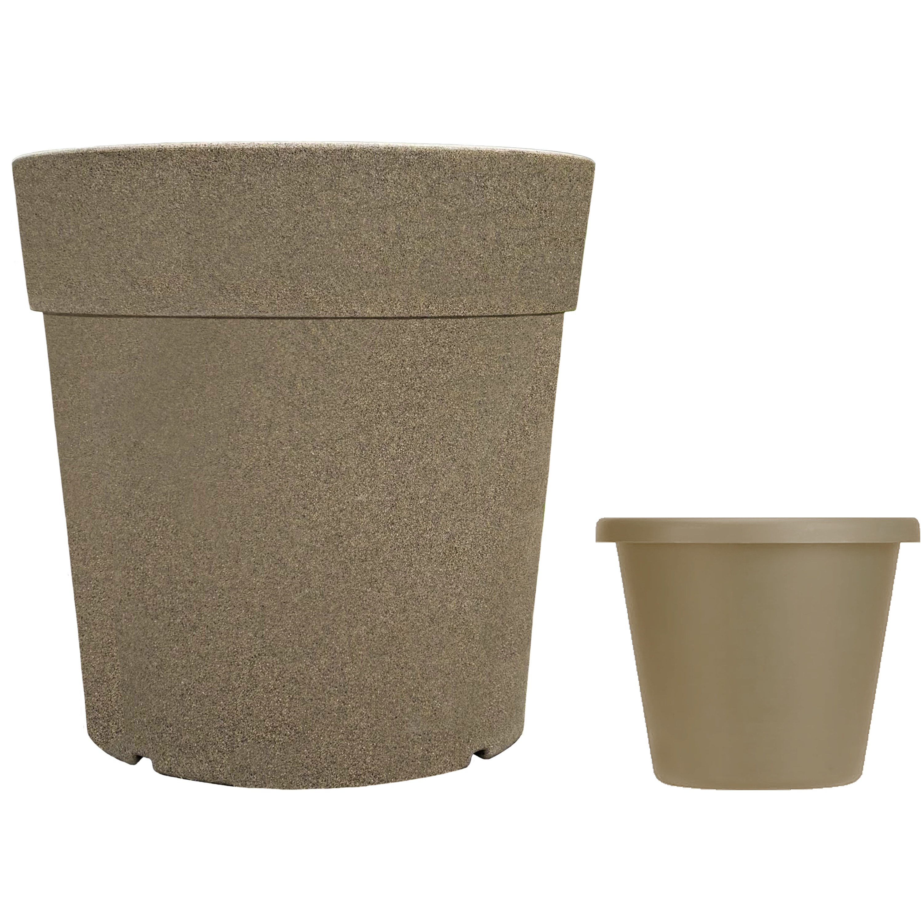 Size Comparison of Two Large Plastic Planters Against a White Background 