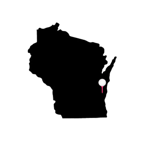Black Wisconsin Map with Golf Ball Icon Showing Store Location 
